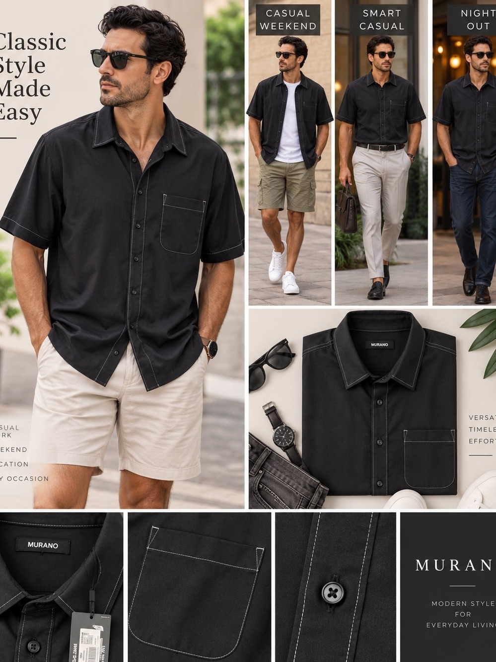 Murano Men’s Black Short Sleeve Button Down Shirt Contrast Stitching NWT 3XB